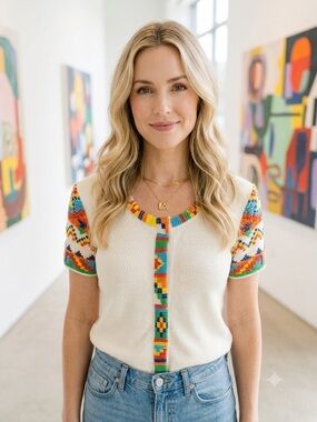 Michael Simon Cream Knit Top with Multicolor Beaded Trim